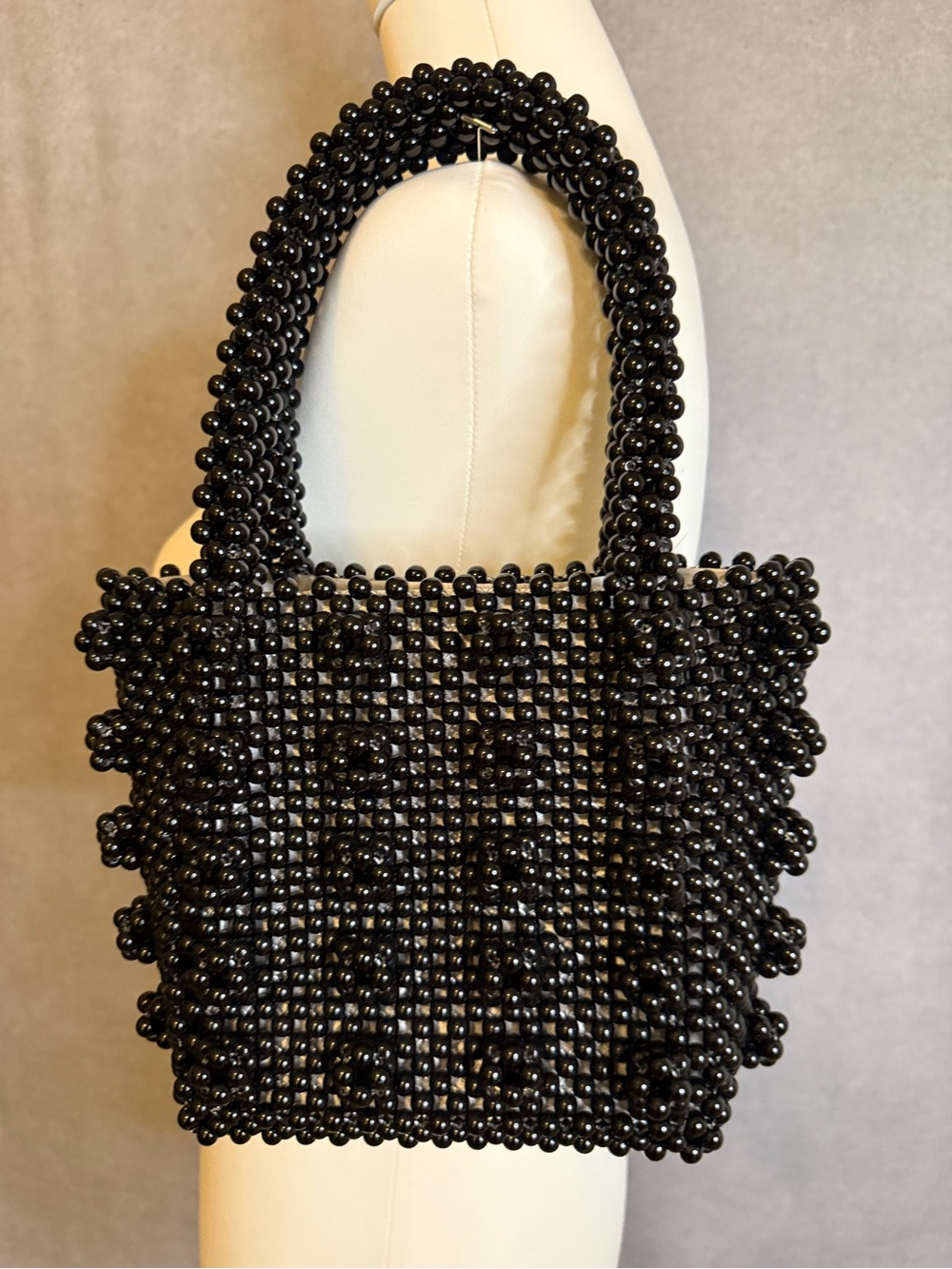 Black Beaded Top-Handle Tote Bag Statement Evening Purse